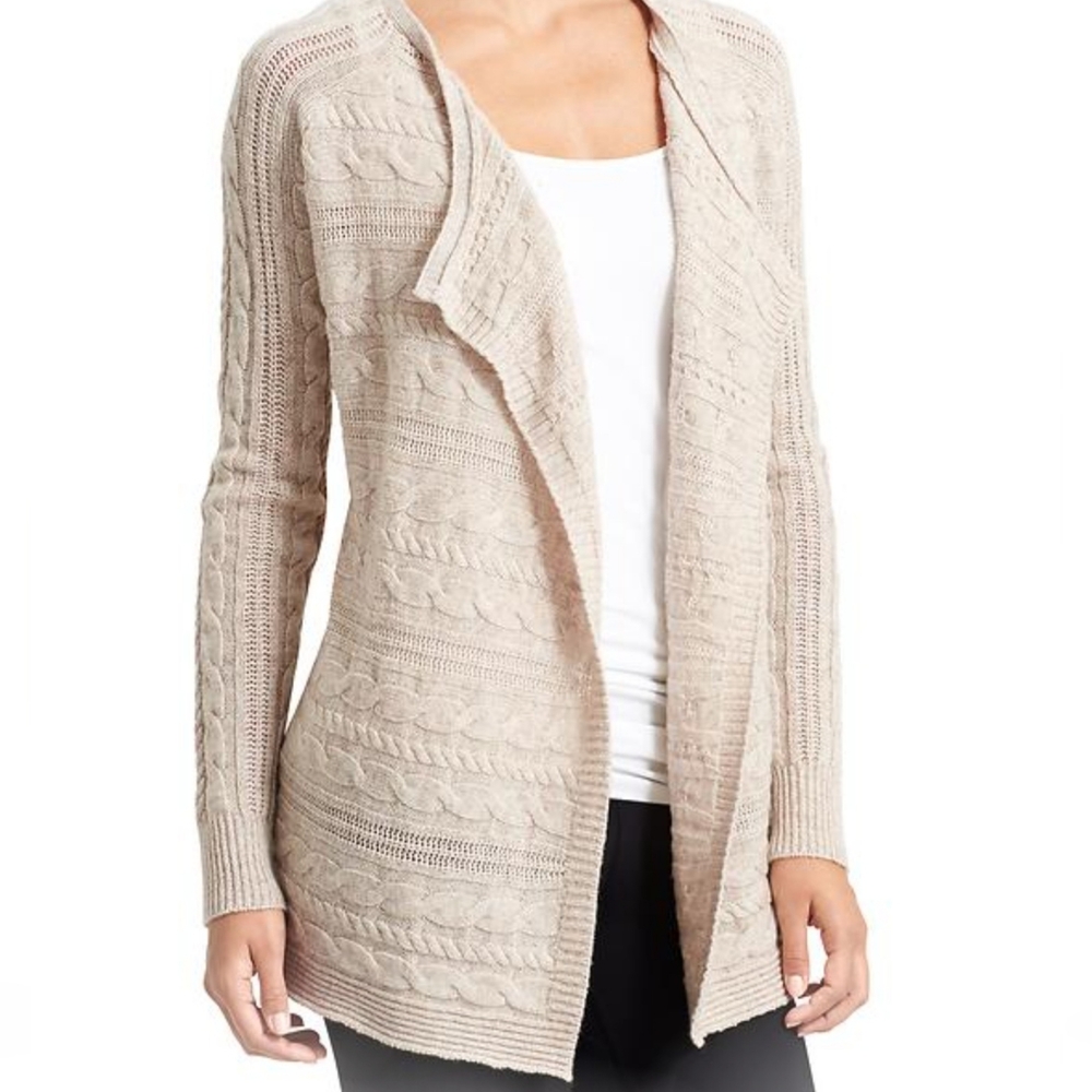 Athleta Cable Knit Waterfall Cardigan Merino Plains Size Medium In Oatmeal